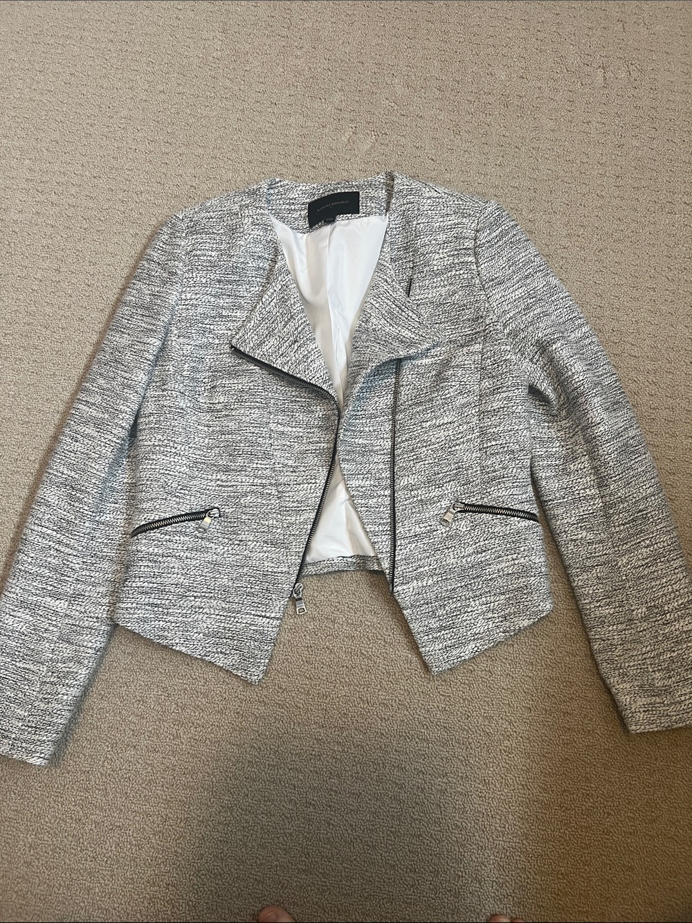 Banana Republic Heather Gray Tweed Cropped Moto Blazer